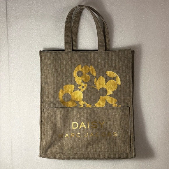 Marc Jacobs Daisy- Dark Tan Burlap Tote with Gold Floral Accents. Used. - Picture 1 of 8